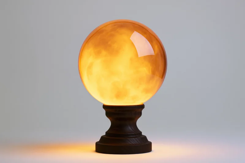 Glowing amber crystal ball on dark walnut wooden base against plain background