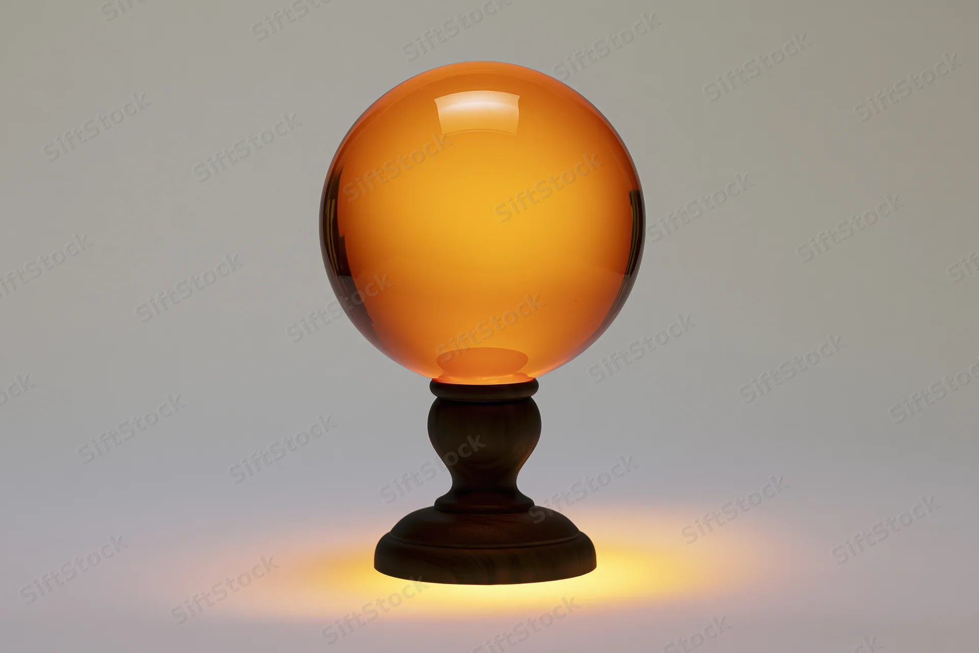 Glowing amber crystal ball on dark walnut wooden base emitting warm light