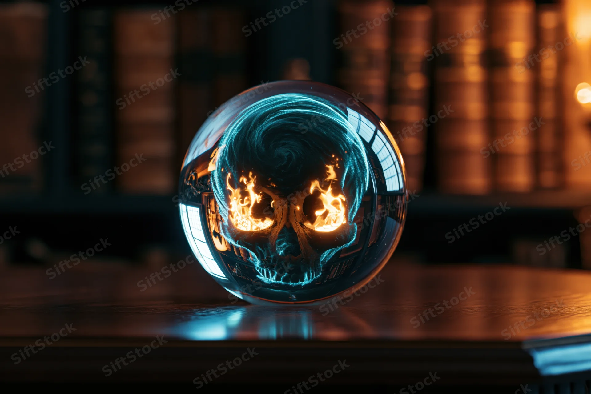 Glowing crystal ball with fiery skull reflection on dark wooden table in library setting