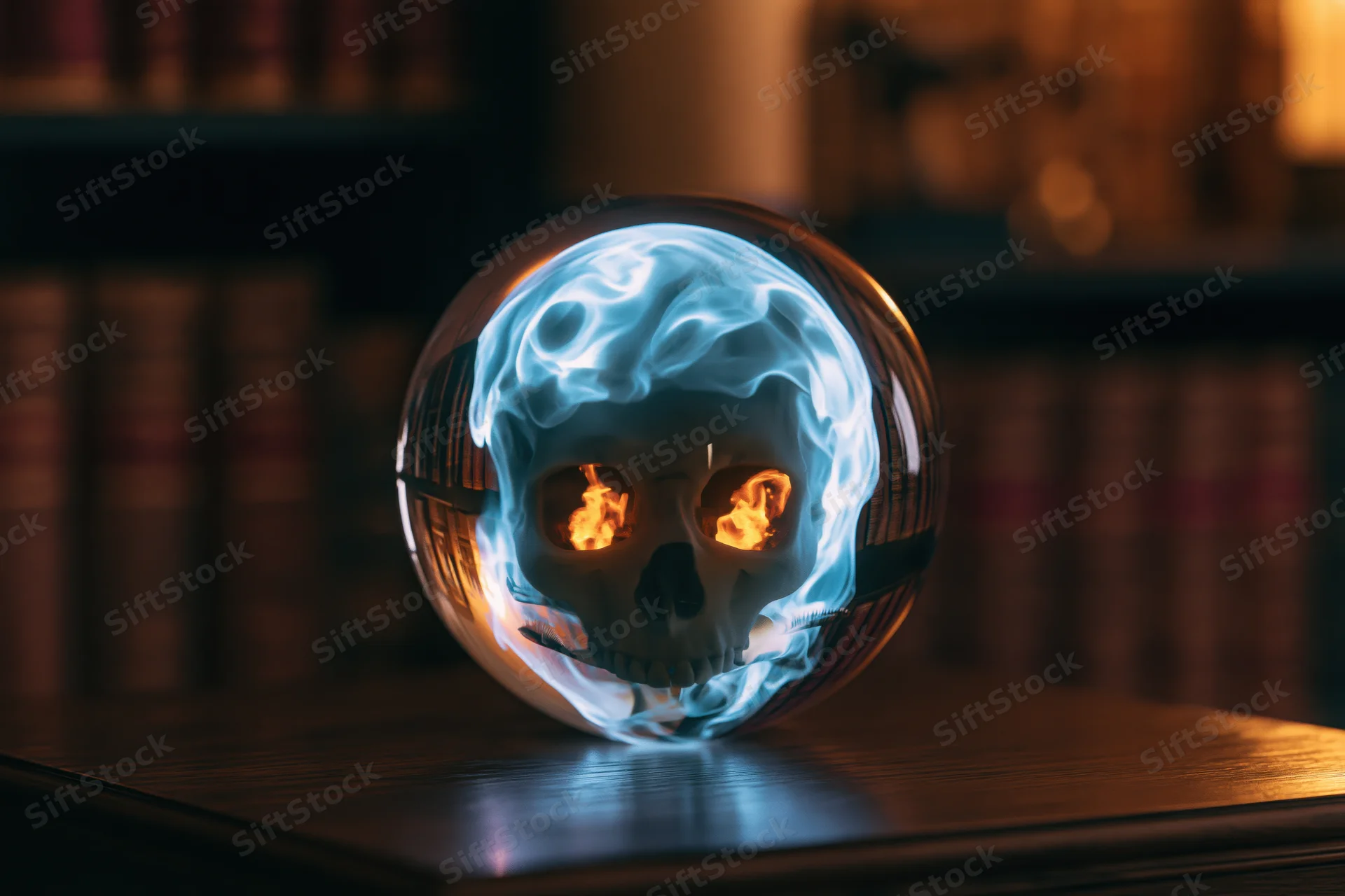 Glowing crystal ball with skull and fire inside on wooden table in dim library