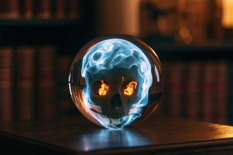 Glowing crystal ball with skull and fire inside on wooden table in dim library
