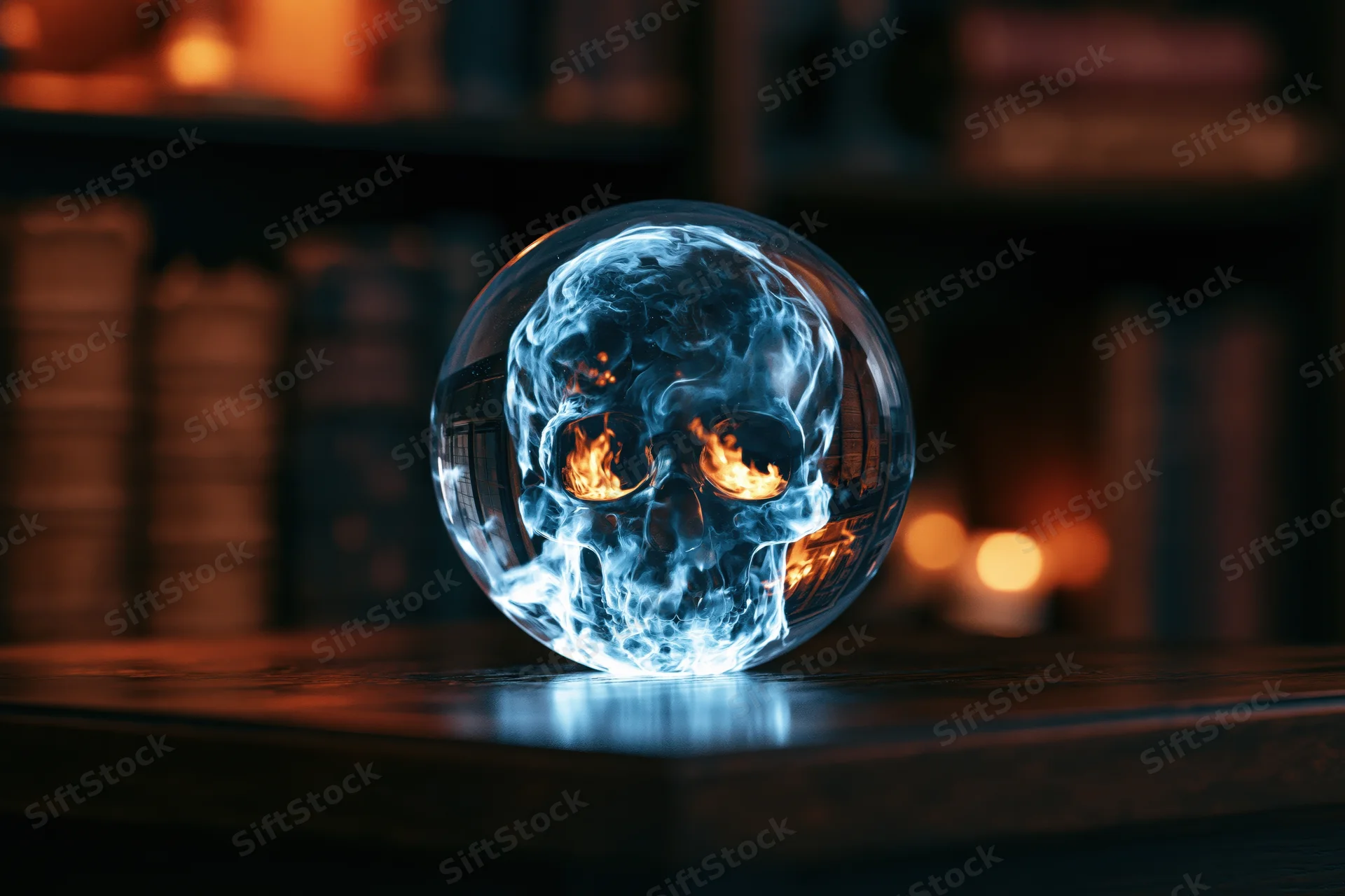 Glowing crystal ball with fiery skull inside on dark wooden table in front of bookshelf with candles