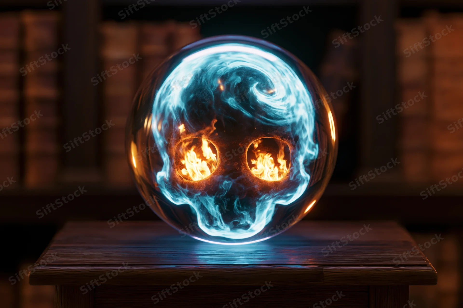 Glowing crystal ball with skull and fire inside on wooden table in front of bookshelf