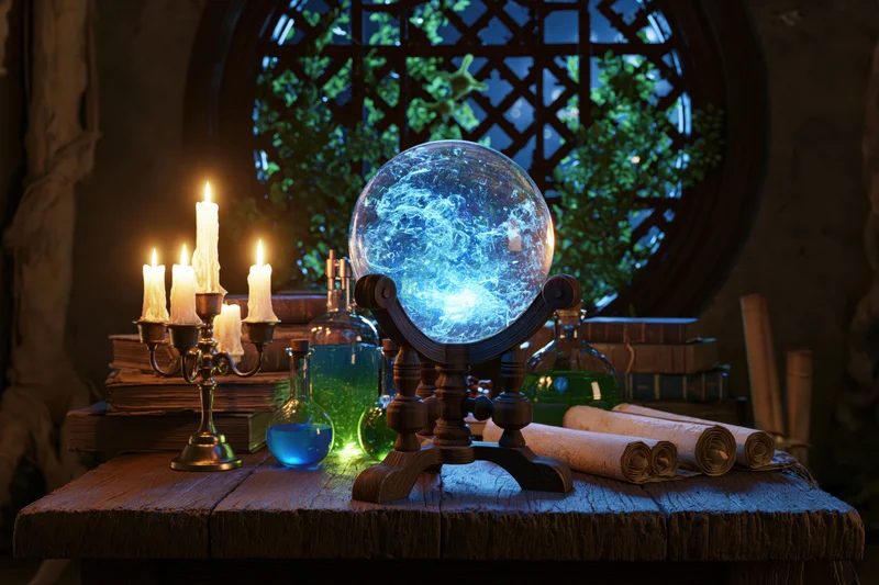 Glowing crystal ball on wooden tripod stand surrounded by candles, books, scrolls and potion bottles on a rustic table at night
