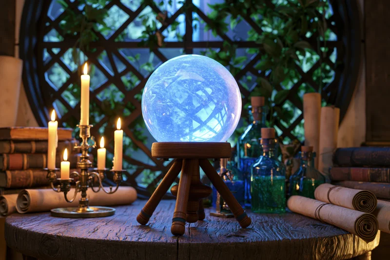 Glowing crystal ball on wooden tripod stand surrounded by candles, books, and potion bottles on rustic table near lattice window with foliage