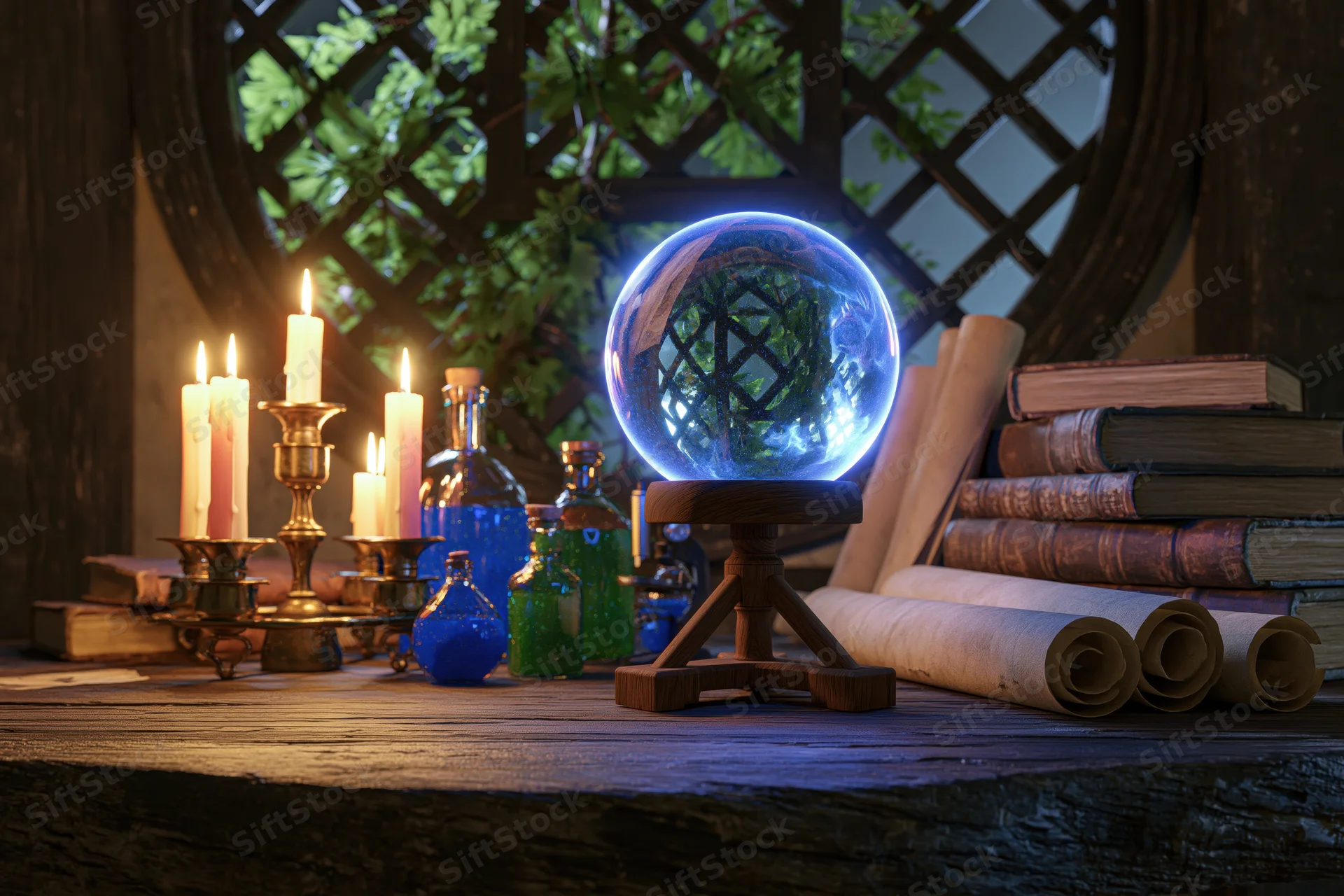 Glowing crystal ball on wooden tripod stand surrounded by books, scrolls, candles and potion bottles on rustic table near lattice window