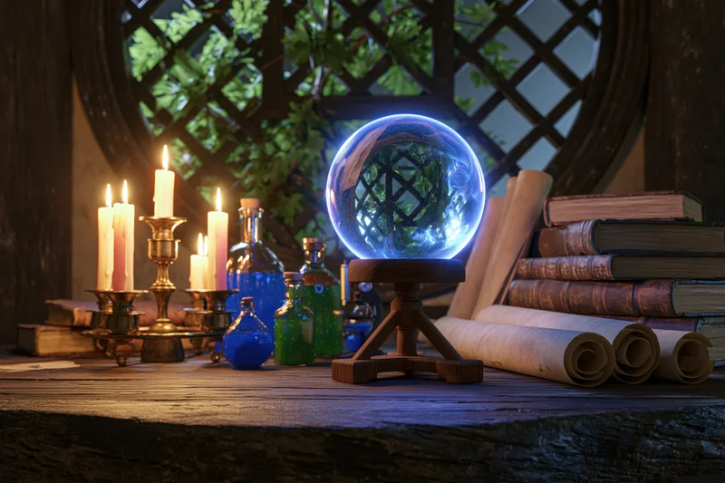 Glowing crystal ball on wooden tripod stand surrounded by books, scrolls, candles and potion bottles on rustic table near lattice window