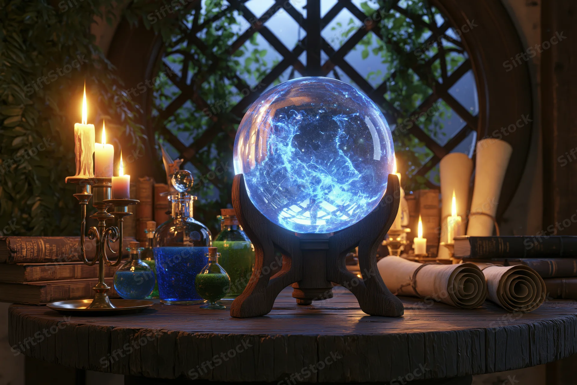 Glowing crystal ball on wooden tripod stand on rustic table surrounded by candles, potions, and scrolls in a mystical study at night