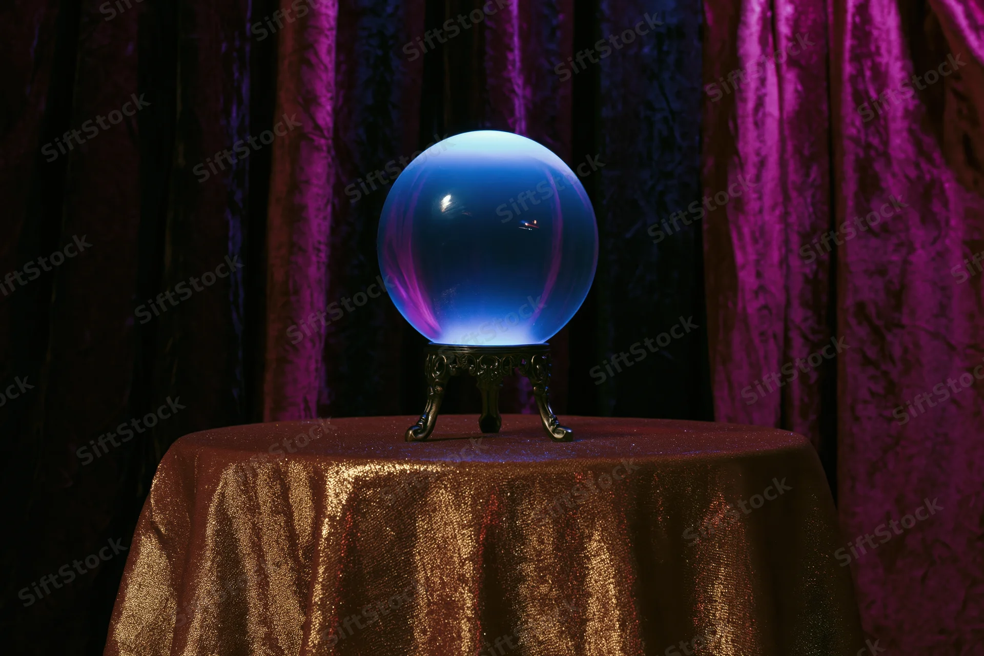 Glowing crystal ball on ornate metal stand atop cloth-covered table before purple velvet curtain