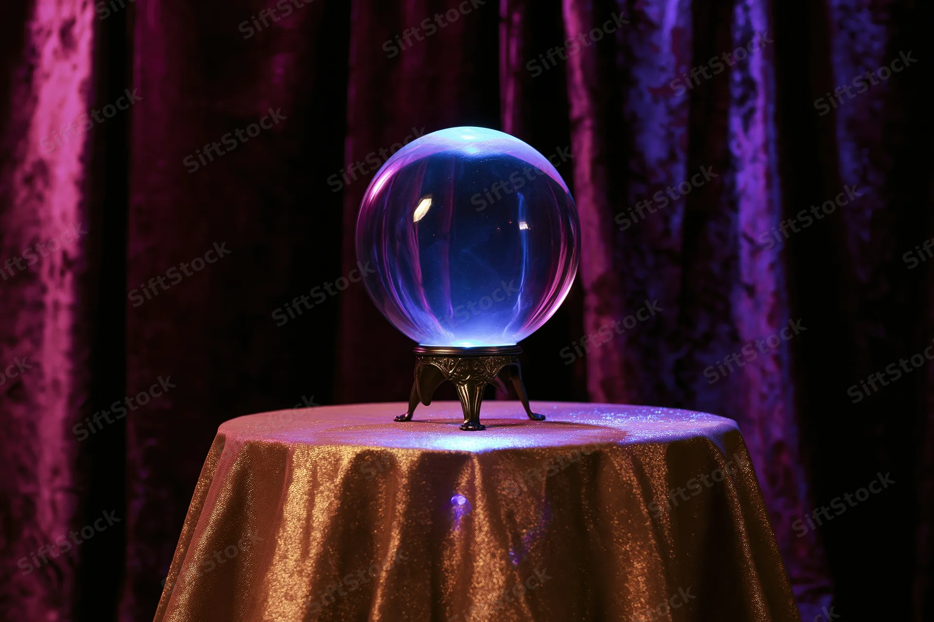 Glowing crystal ball on ornate metal stand atop gold cloth-covered table before purple curtain