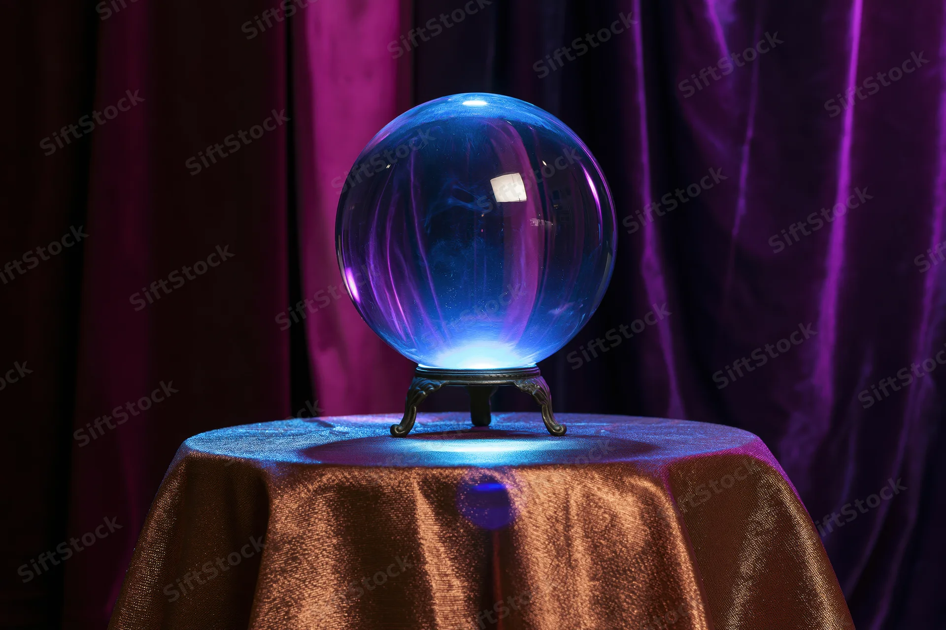 Glowing crystal ball on ornate metal stand atop cloth-covered table before purple curtain