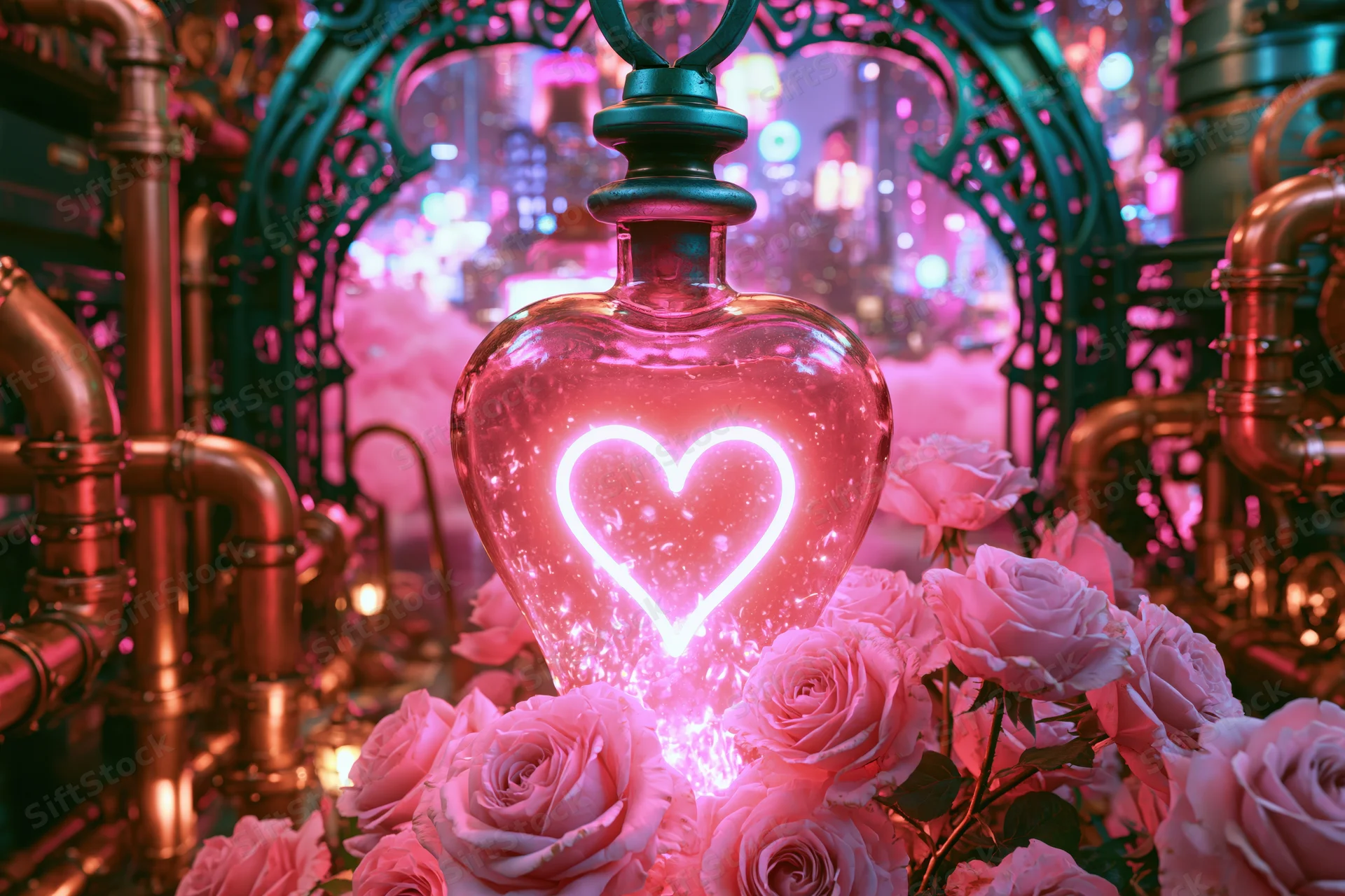 Heart-shaped glowing bottle surrounded by pink roses in a steampunk laboratory setting