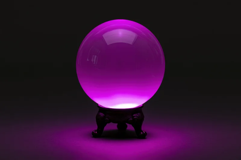 Glowing magenta crystal ball on ornate dark stand against black background