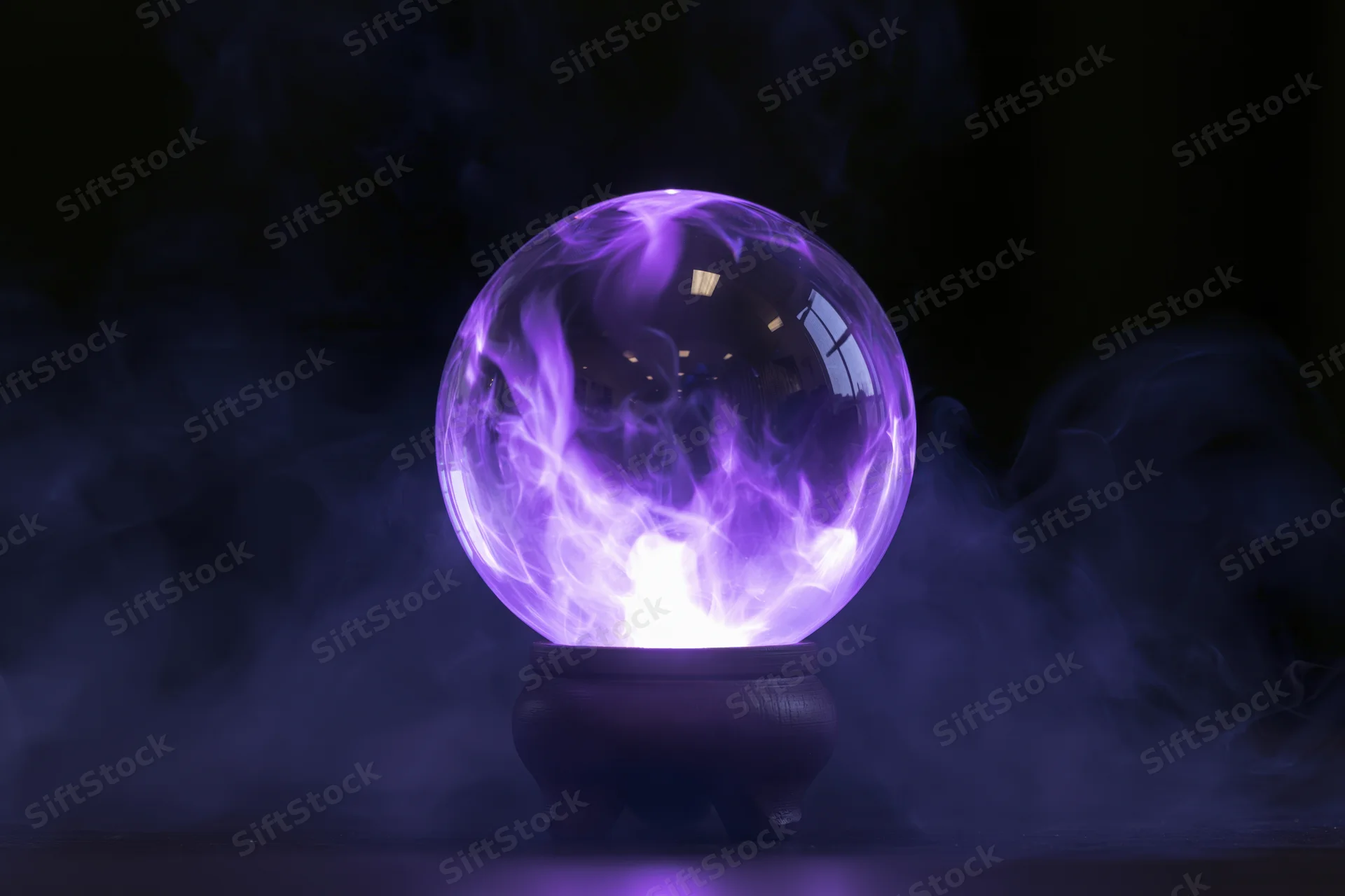 Glowing purple crystal ball on wooden base surrounded by smoke
