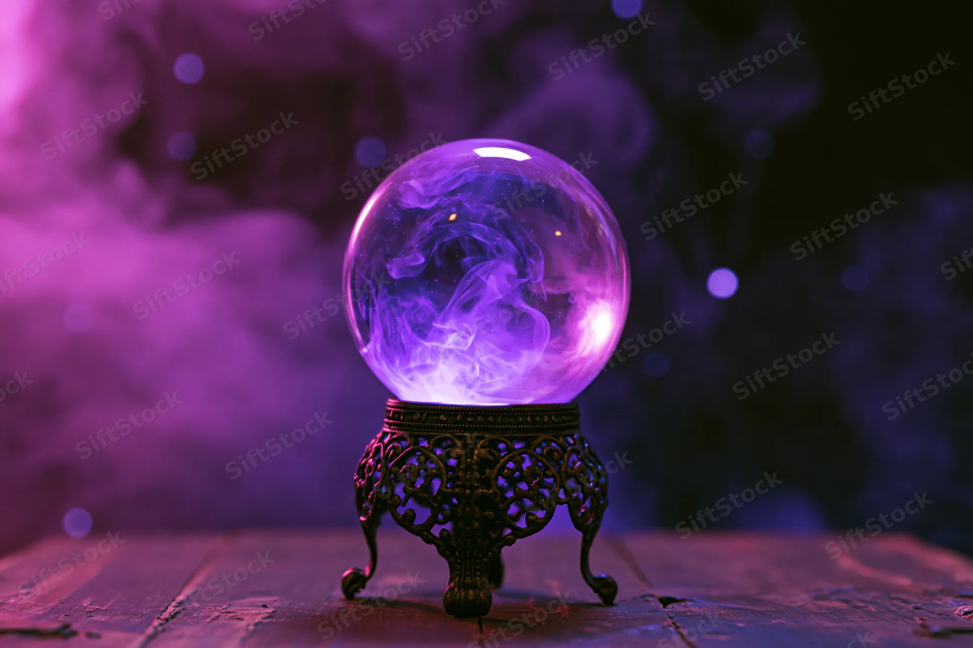 Glowing purple crystal ball with swirling smoke on an ornate metal stand