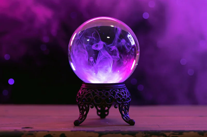 Glowing purple crystal ball with swirling smoke on an ornate metal stand on a wooden surface