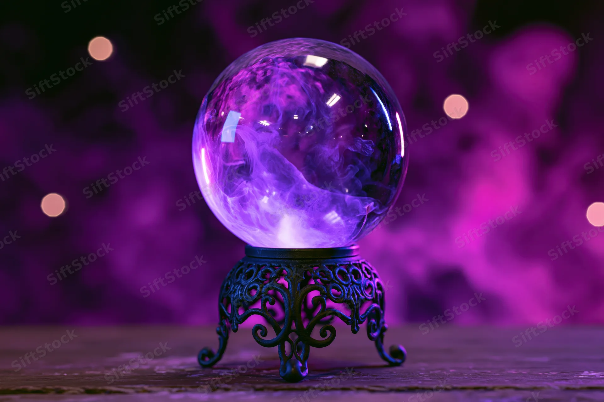 Glowing purple crystal ball on ornate metal stand with swirling mist against dark background