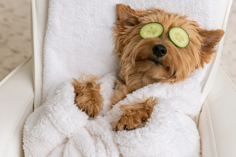 Golden-brown terrier lying back on white spa chair with cucumber slices over eyes, wrapped in towel and bathrobe