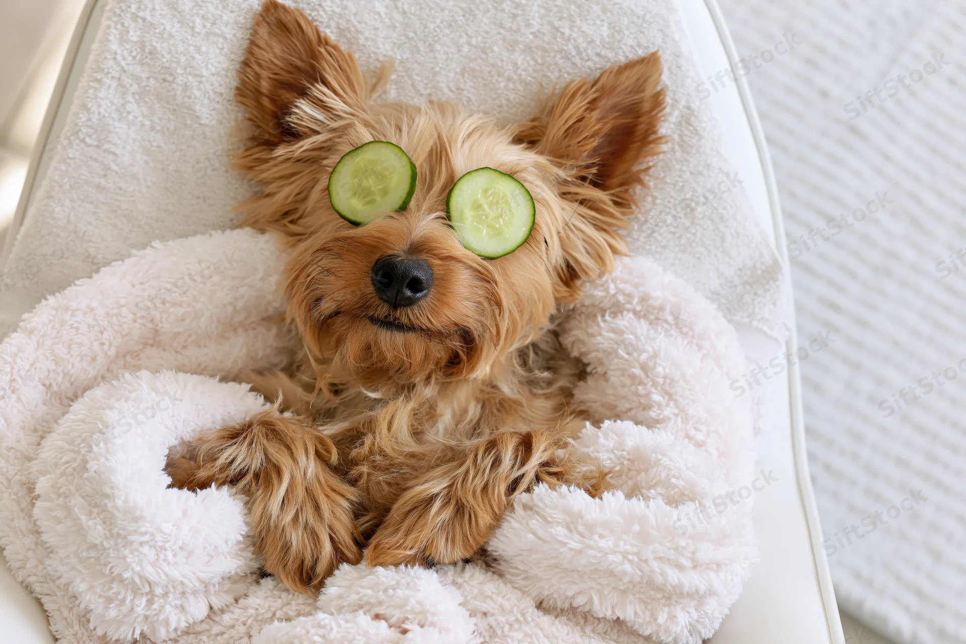 Golden-brown terrier lying back on white spa chair with cucumber slices over eyes, wrapped in fluffy towel