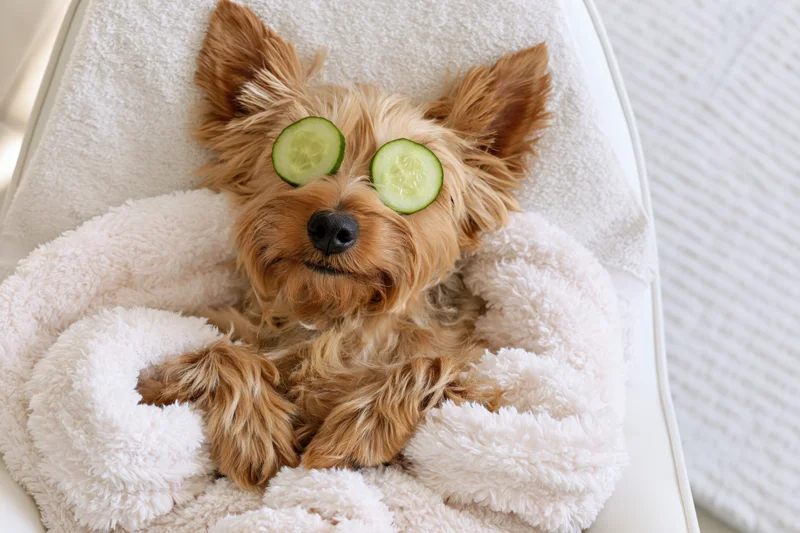Golden-brown terrier lying back on white spa chair with cucumber slices over eyes, wrapped in fluffy towel