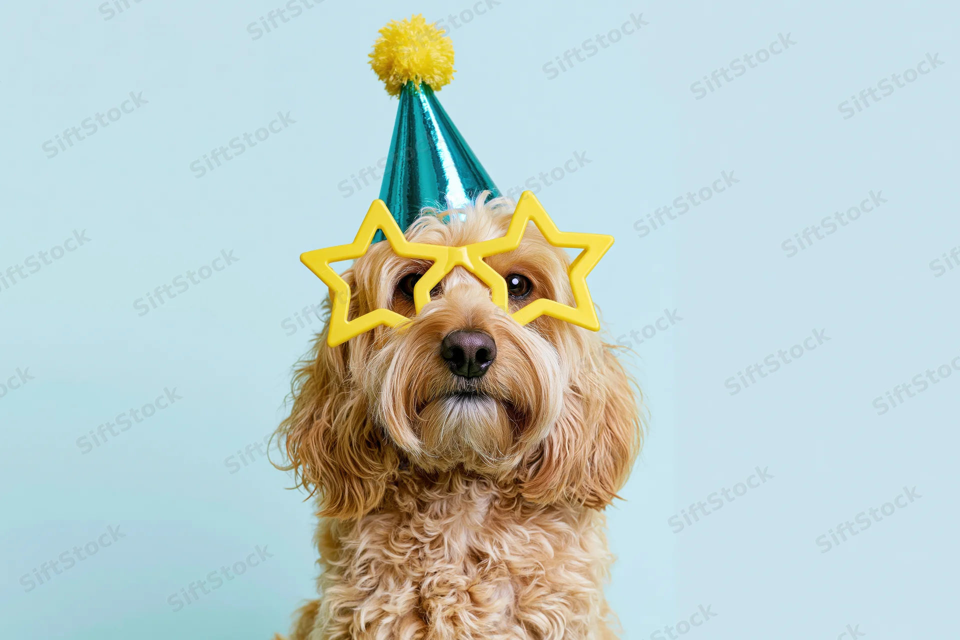 Golden cockapoo dog wearing teal metallic party hat and yellow star sunglasses against light blue background
