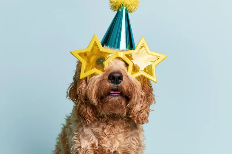 Golden cockapoo dog wearing teal metallic party hat and yellow star sunglasses against light blue background