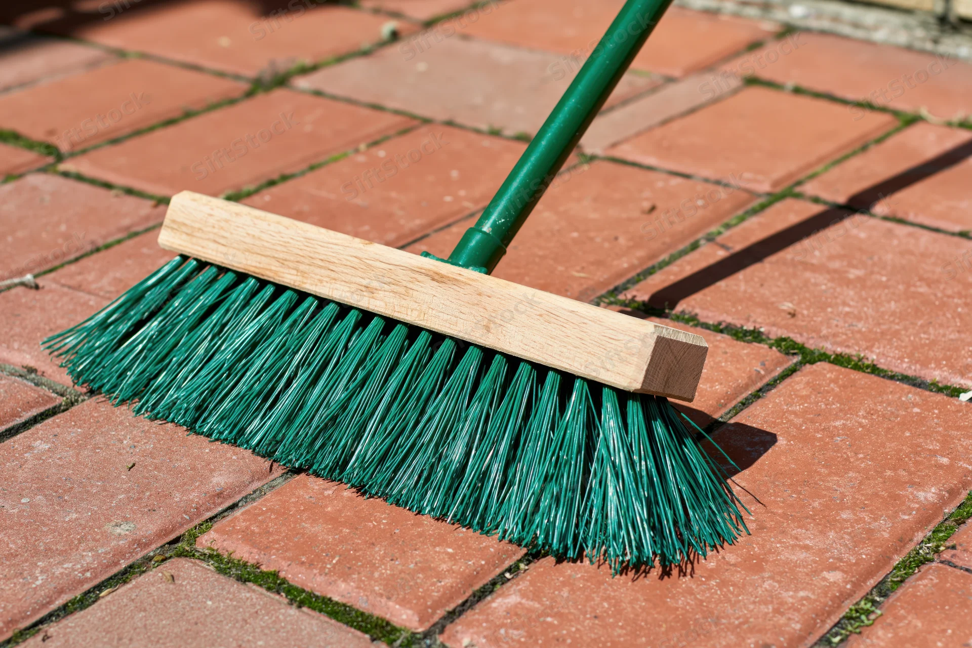 Green plastic-bristled push broom resting on a brick patio with moss between tiles