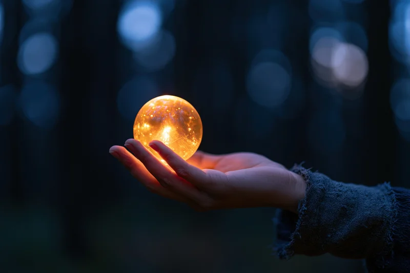 Hand cupping a glowing golden orb emitting warm amber light in a dark forest at night