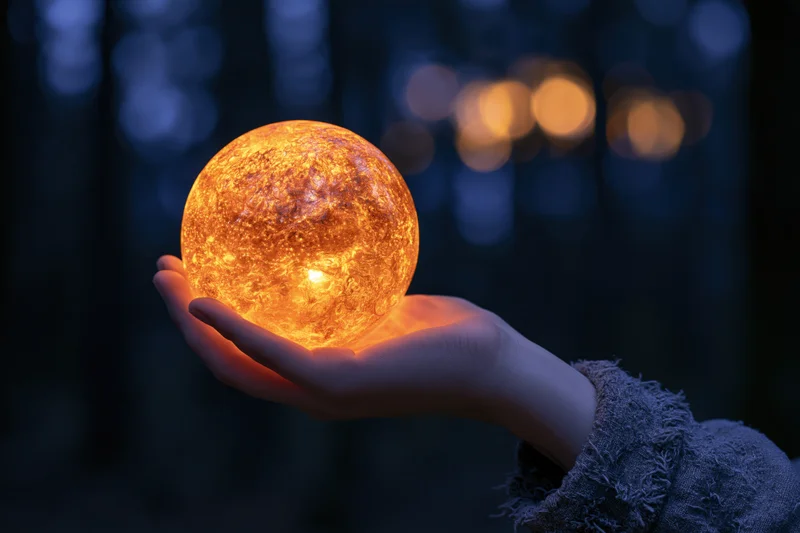 Hand cupping a glowing golden orb emitting warm amber light in a dark forest setting