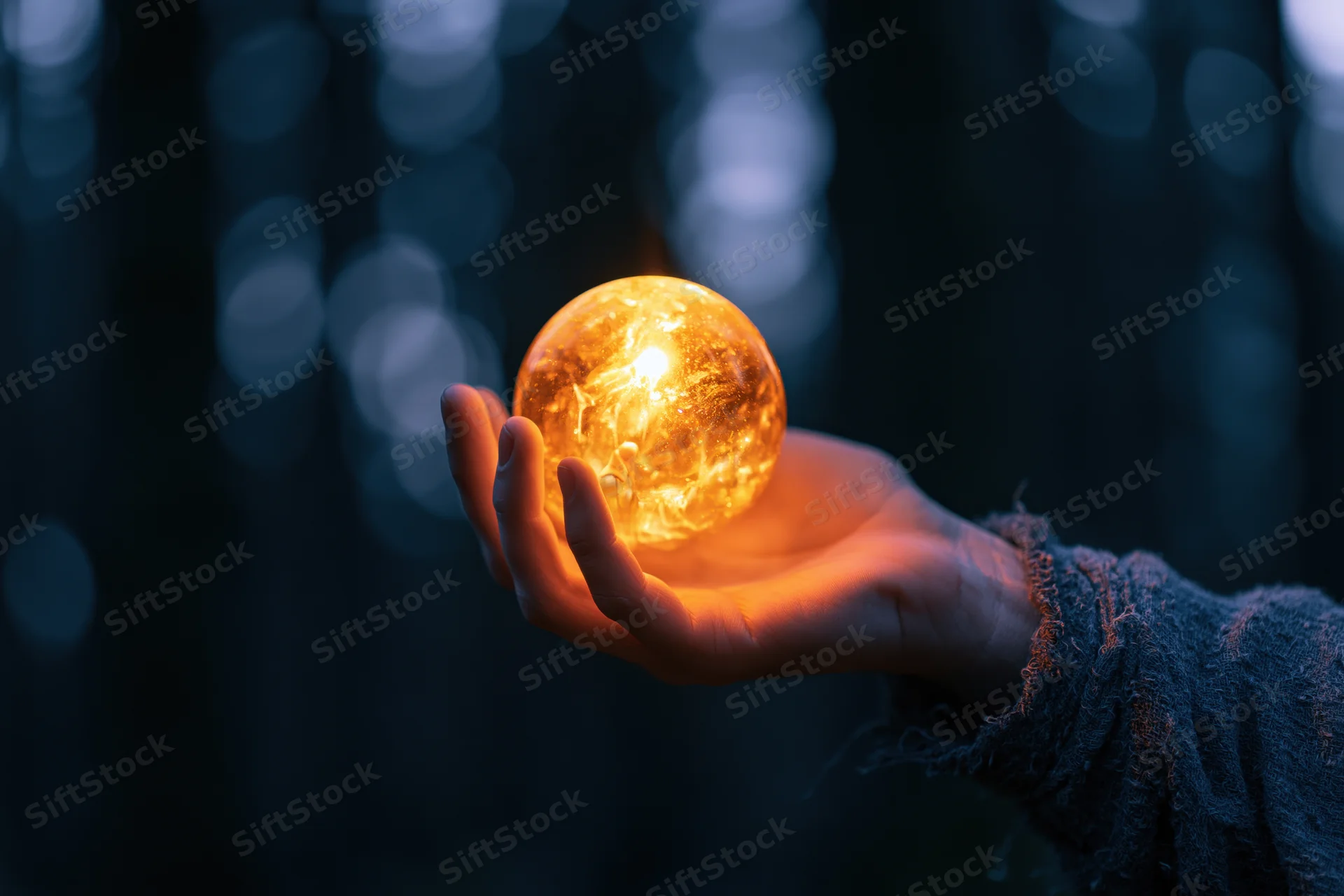 Hand cupping a glowing golden orb emitting warm amber light in a dark forest at night