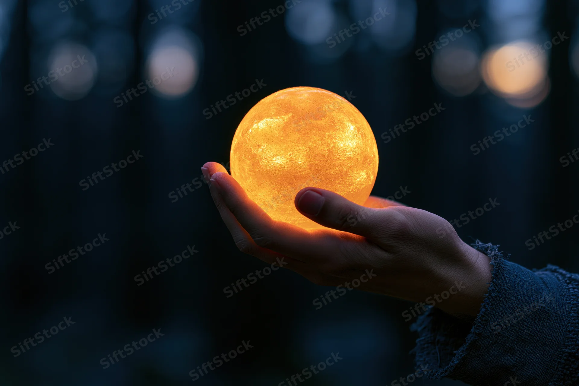 Hand cupping a glowing golden orb emitting warm amber light in a dark forest at night