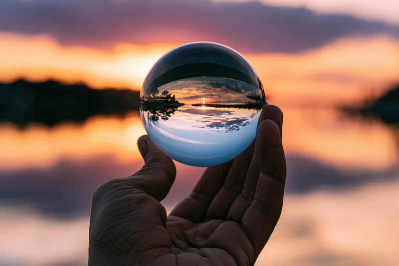 Hand holding a glass lens ball reflecting a sunset over a lake