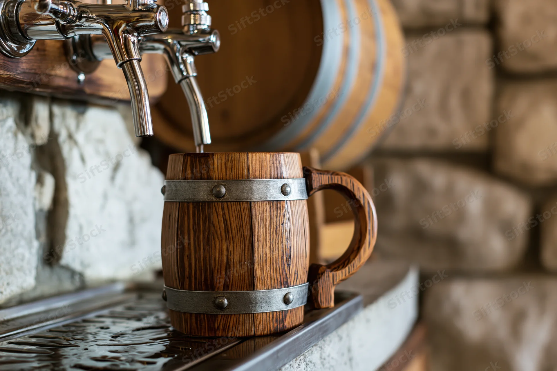 Wooden beer mug with metal bands under a tap in a stone-walled bar