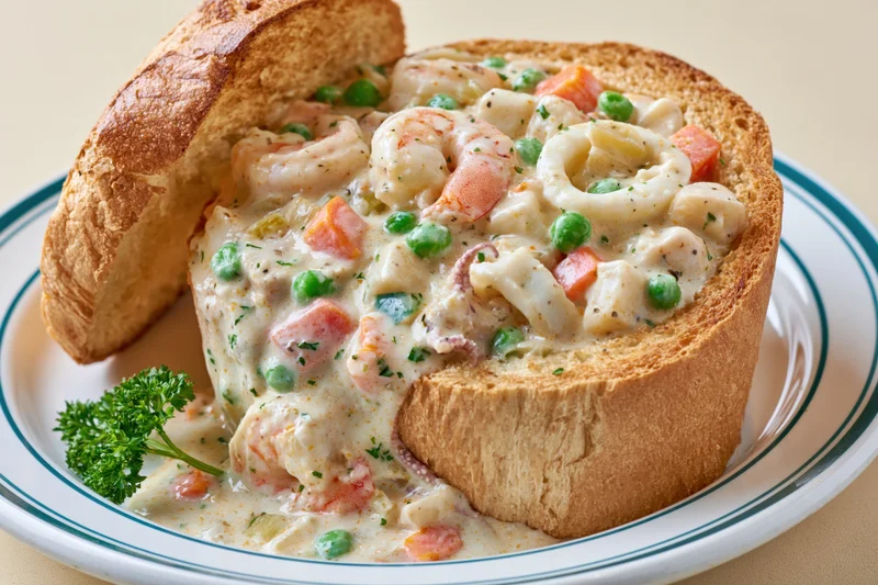 Creamy seafood mixture served in a hollowed thick-cut toast on a white plate with green garnish