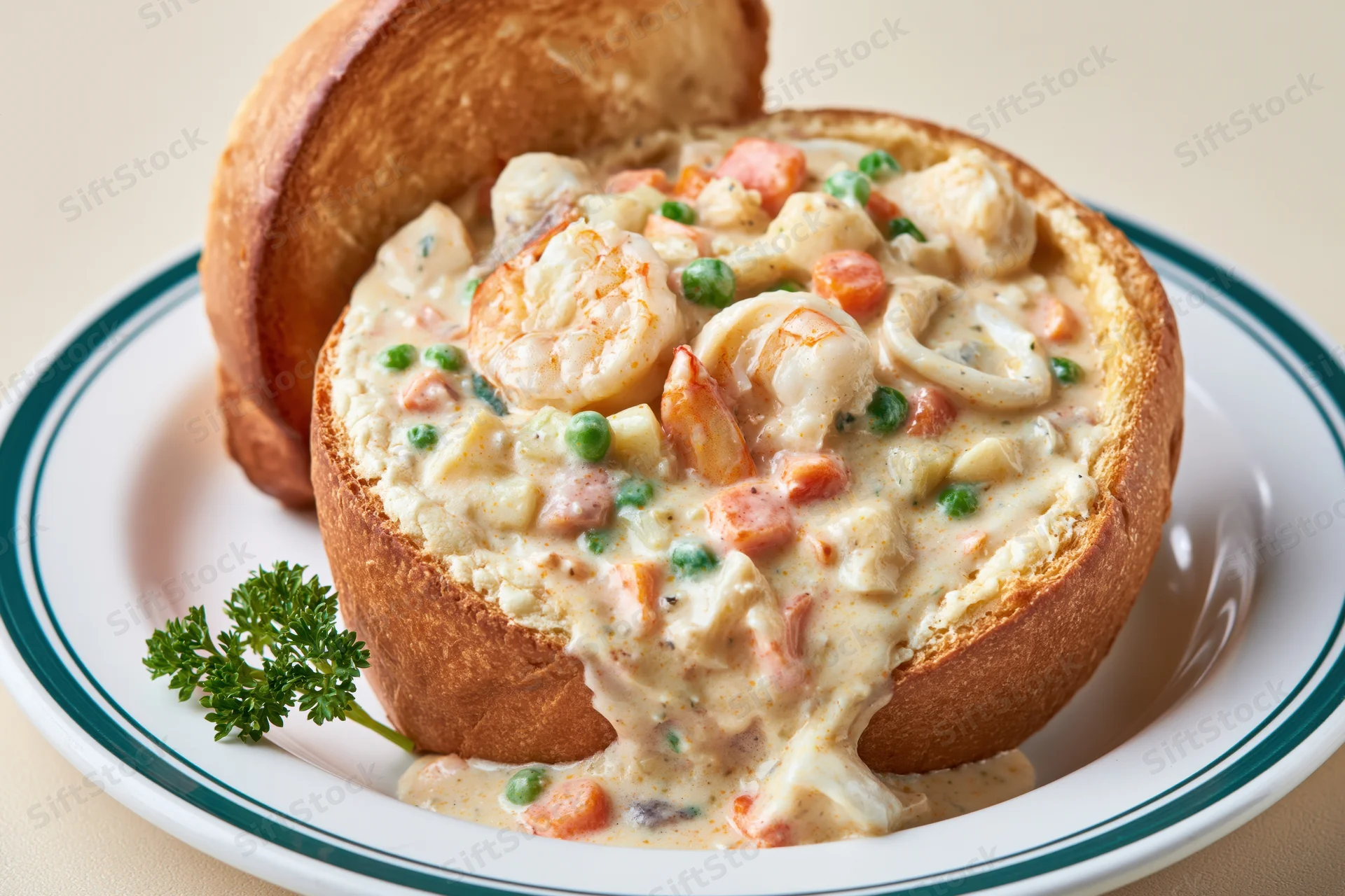 Creamy seafood soup served in a hollowed bread bowl on a white plate with parsley garnish