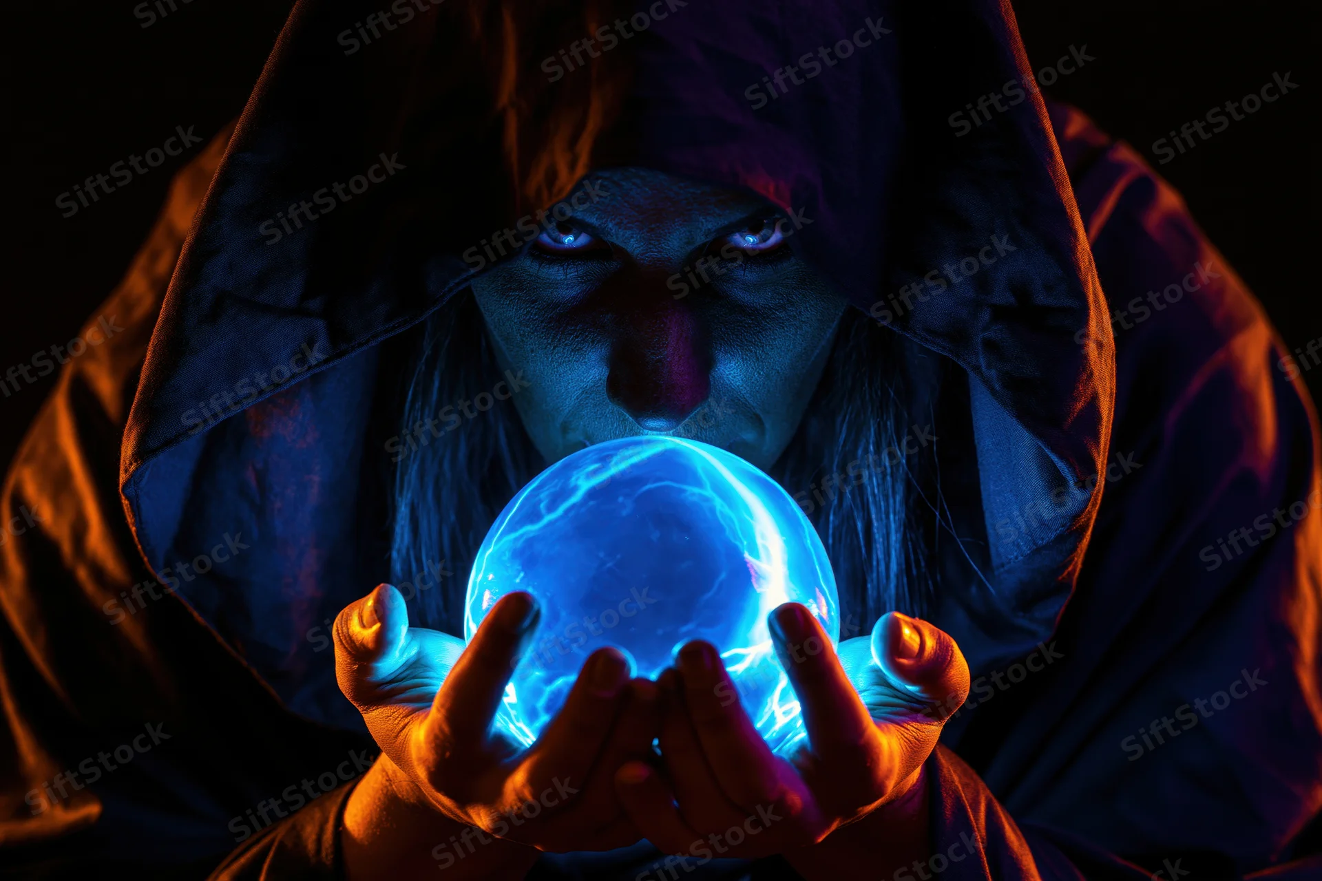 Hooded wizard holding glowing blue crystal ball in dark setting
