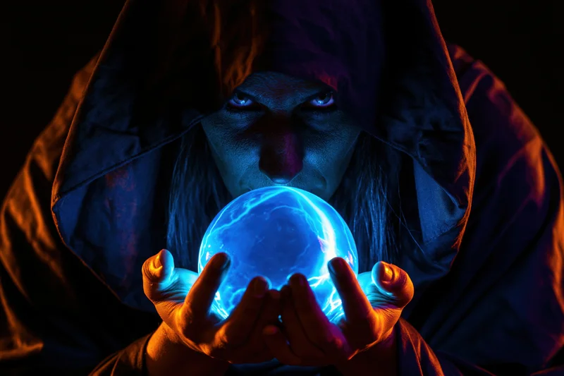 Hooded wizard holding glowing blue crystal ball in dark setting