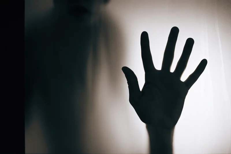 Silhouette of a hand pressed against frosted glass from behind, showing fingers spread and body blurred in shadow