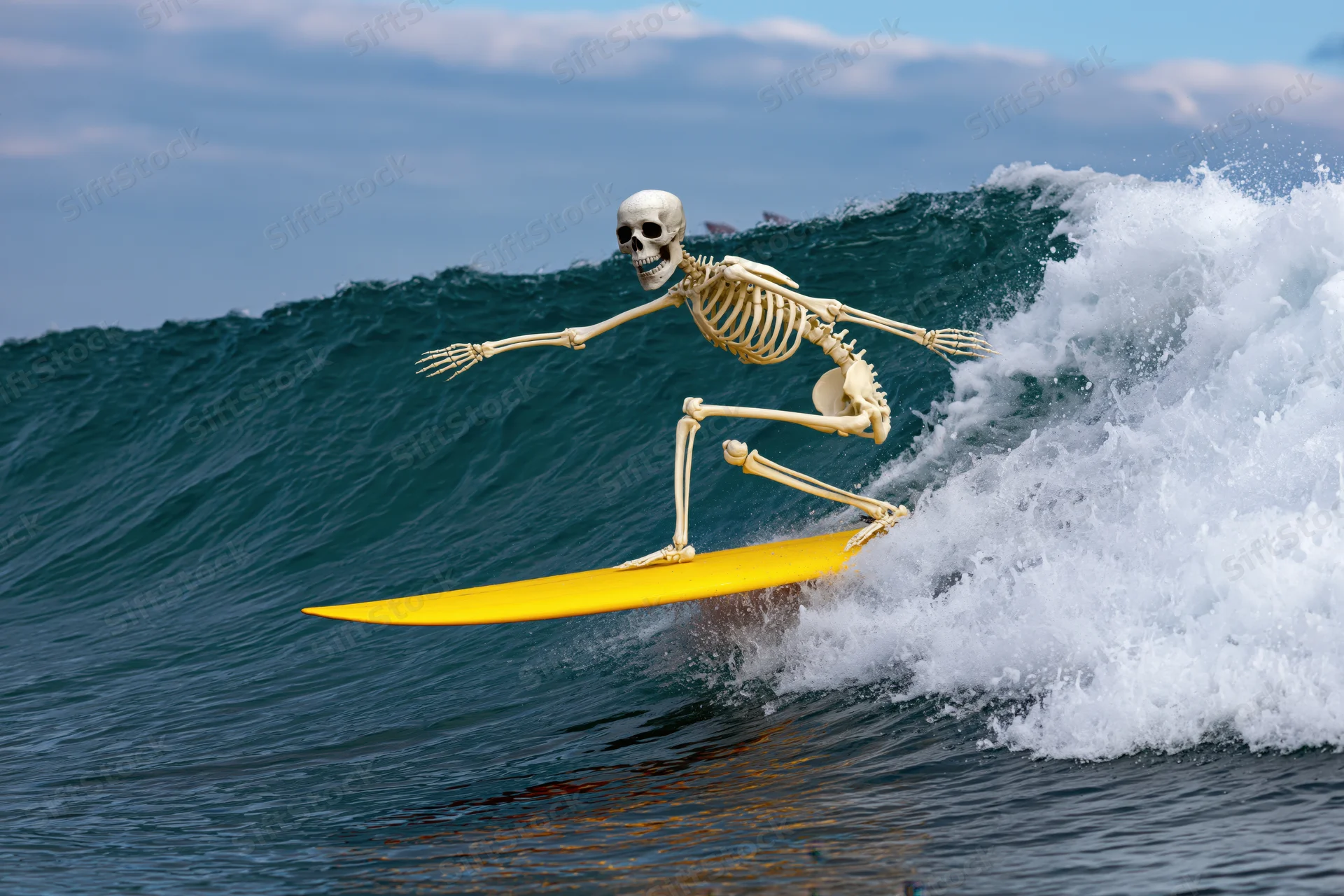Skeleton riding yellow surfboard on breaking ocean wave