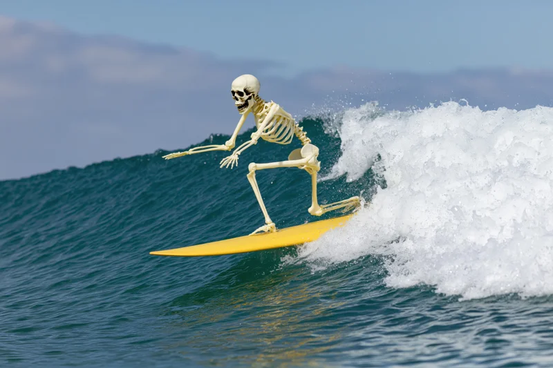 Skeleton riding yellow surfboard on breaking ocean wave