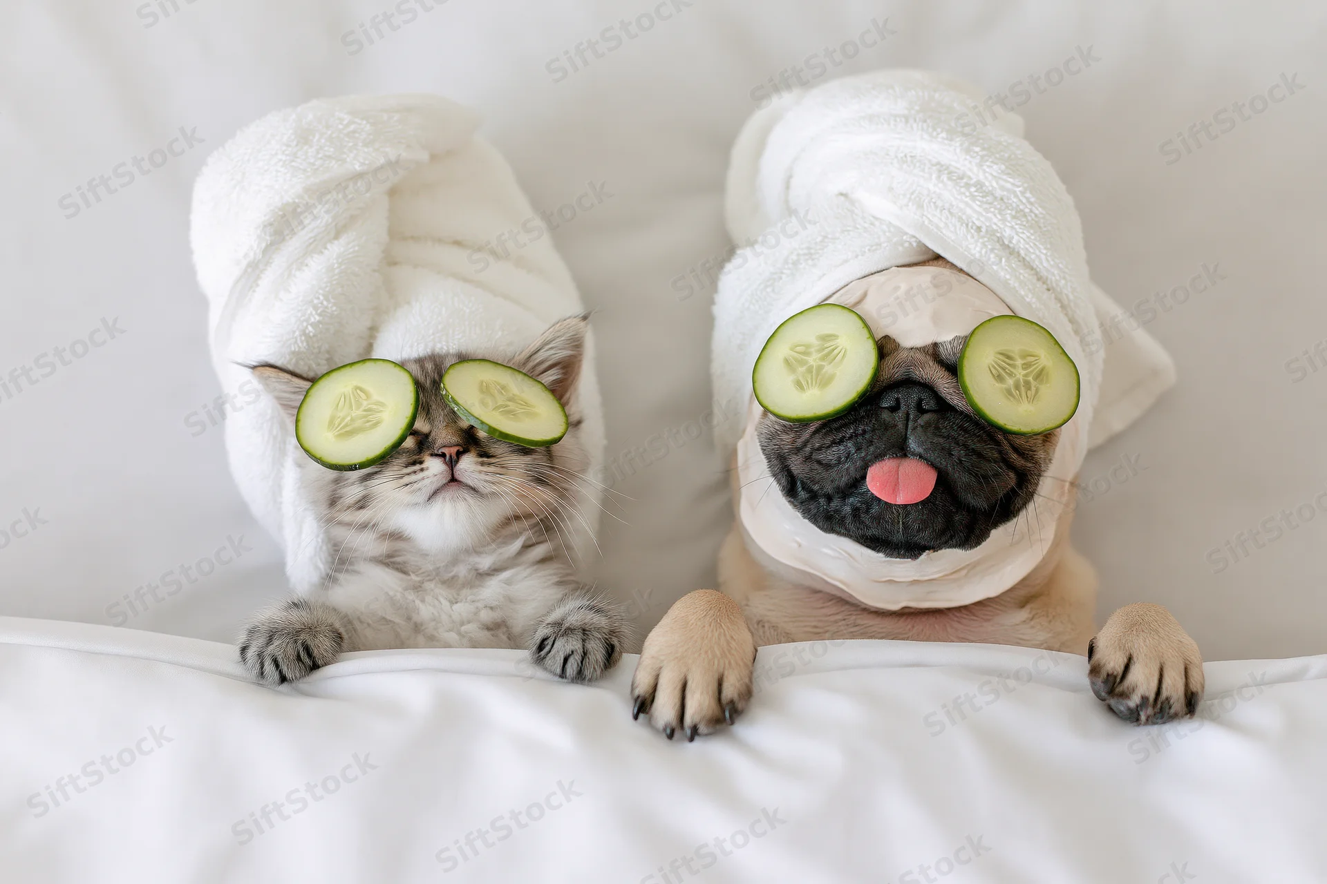 Kitten and pug puppy with cucumber slices over eyes, wrapped in towels, lying on white bed sheets
