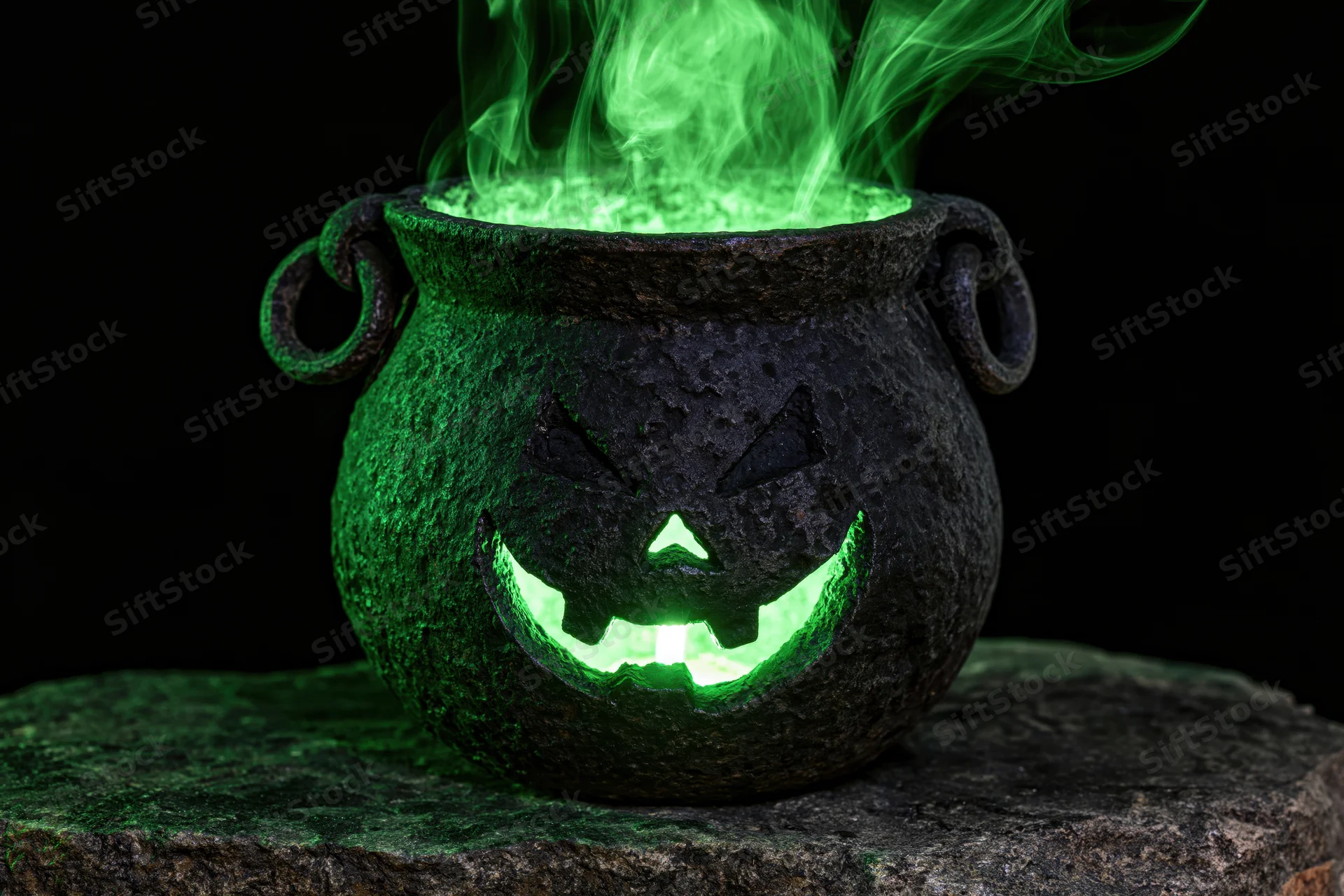 Aged cast iron cauldron with jack-o-lantern face glowing green and emitting smoke on stone base