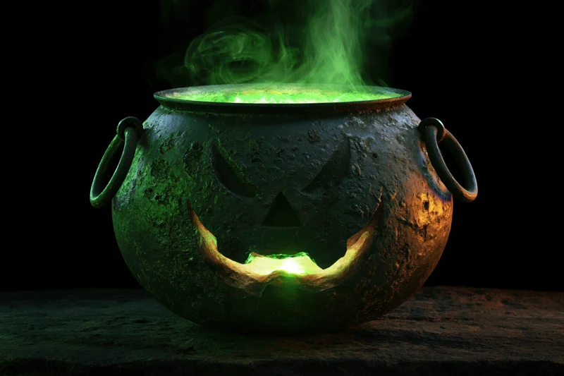 Aged cast iron cauldron with jack-o-lantern face glowing green and smoking on dark surface
