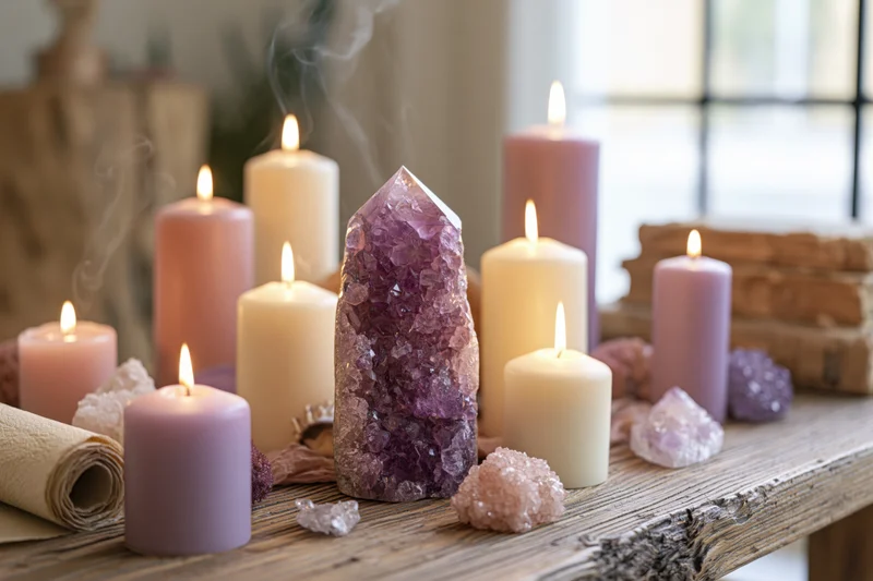 Amethyst crystal point surrounded by lit pillar candles on a wooden table with smoke and books