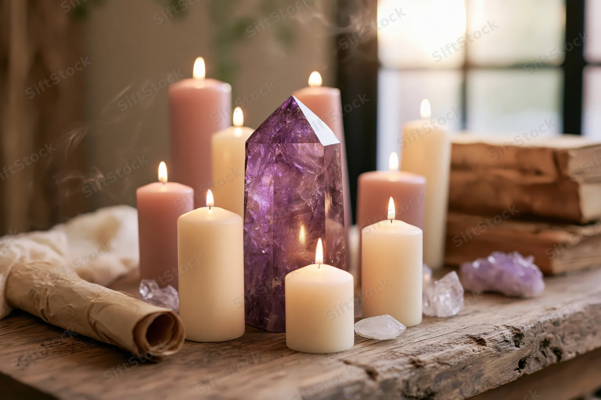Amethyst crystal point surrounded by lit pillar candles on a wooden table with smoke and vintage books