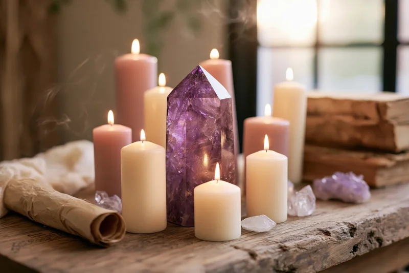 Amethyst crystal point surrounded by lit pillar candles on a wooden table with smoke and vintage books