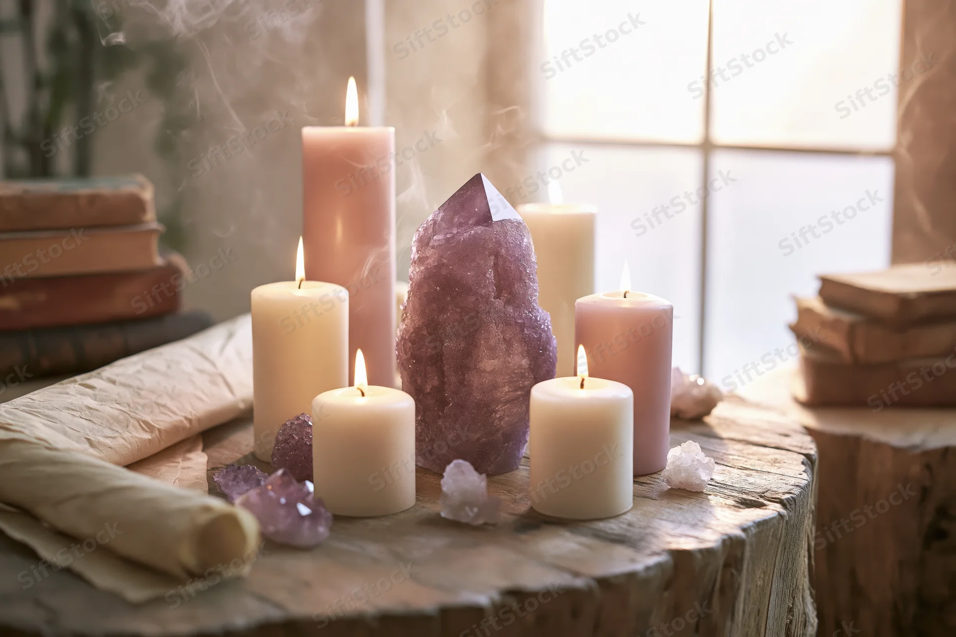 Amethyst crystal point surrounded by lit pillar candles on a rustic wooden table with books and scrolls
