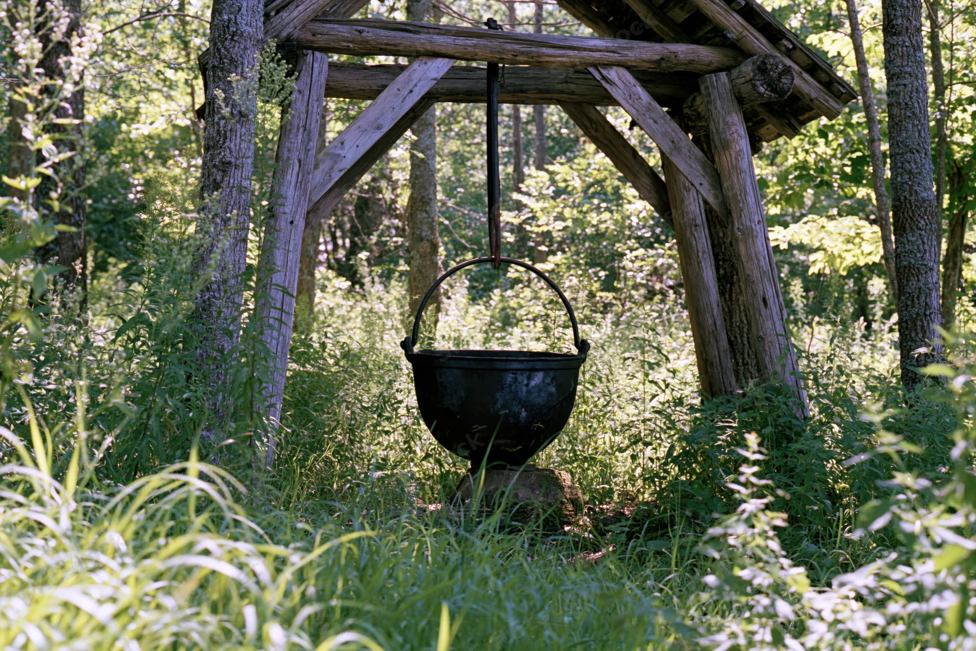 Black cast iron cauldron suspended under rustic wooden structure in forest clearing