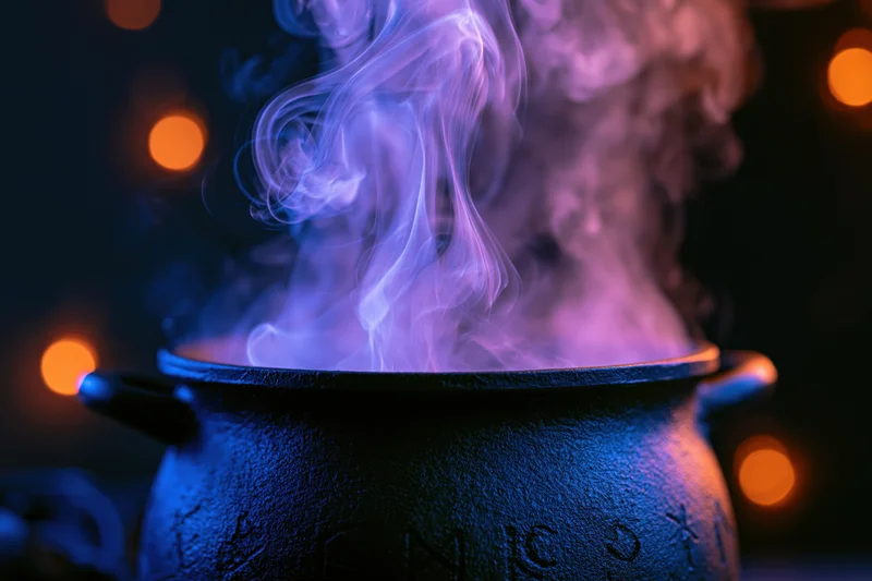 Black cast iron cauldron emitting purple and blue smoke with glowing orange lights in the background