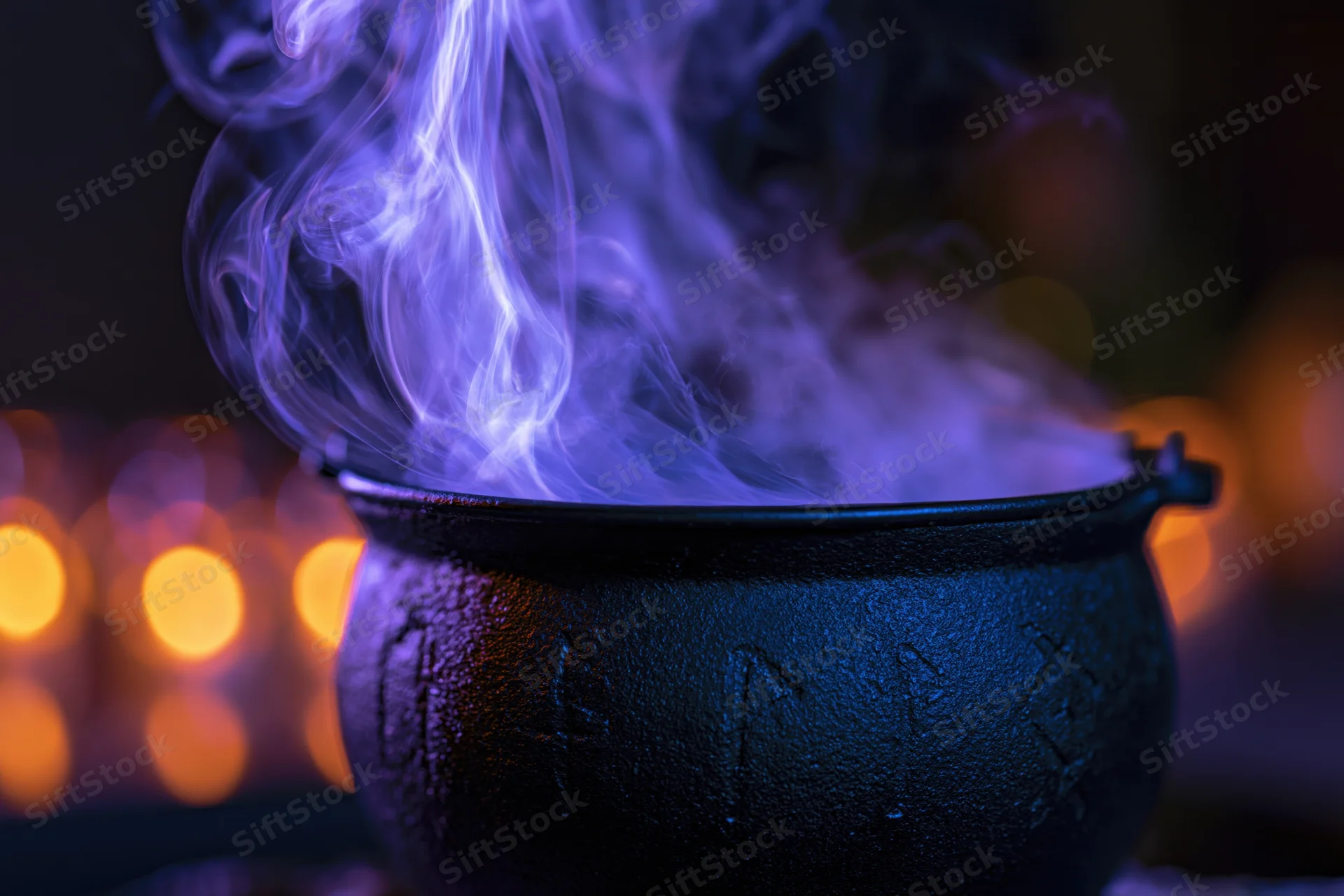 Black cast iron cauldron emitting purple smoke with rune etchings against blurred orange lights